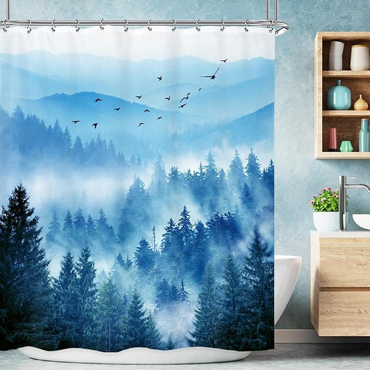 Riyidecor Mountain Shower Curtain 60Wx72H Inch Blue Foggy Nature Scenery Smokey Pine Tree Landscape Natural Woodland Mens Bathroom Decor Fabric Polyester Waterproof 12 Pack Hooks