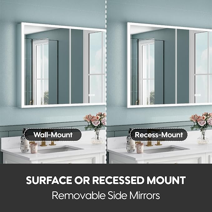 WELLFOR 60" X 30" LED Mirrored Bathroom Cabinet with 3X Magnification Makeup Mirror, Medicine Cabinet with Defog Mirror, Dimmer, Outlets & USB Ports, Bathroom Mirrored Cabinet with Three Opening Doors
