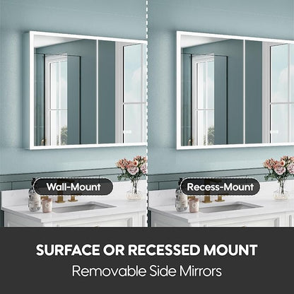 WELLFOR 60" X 30" LED Mirrored Bathroom Cabinet with 3X Magnification Makeup Mirror, Medicine Cabinet with Defog Mirror, Dimmer, Outlets & USB Ports, Bathroom Mirrored Cabinet with Three Opening Doors