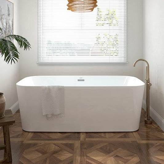 FerdY Maui 67" Freestanding Bathtub Elegant Freestanding Soaking Bathtub, Glossy White, cUPC Certified, Toe-Tap Chrome Drain & Overflow Assembly Included, 02563