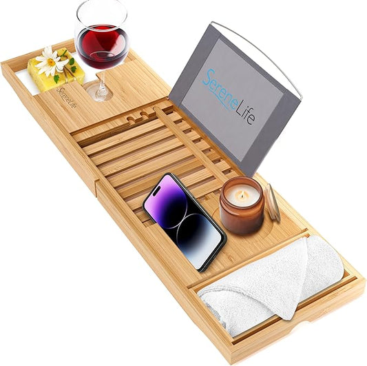 SereneLife Luxury Bamboo Bathtub Caddy Tray - Adjustable Natural Wood Bath Tub Organizer with Wine Holder, Cup Placement, Soap Dish, Book Space & Phone Slot for Spa, Bathroom & Shower - SLBCAD20