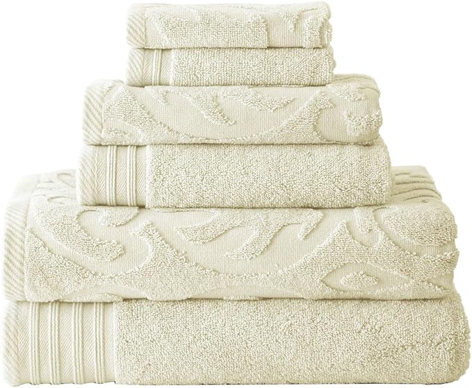 Modern Threads 6 Piece Jacquard/Solid Towel Set-Medallion Swirl Ivory