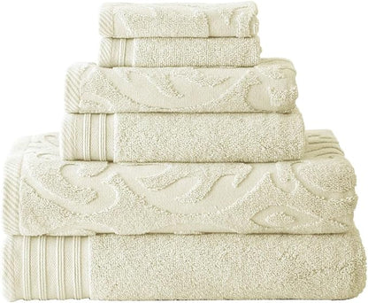 Modern Threads 6 Piece Jacquard/Solid Towel Set-Medallion Swirl Ivory (Pack of 8)