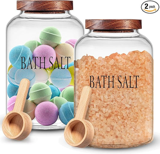 2 Sets 74 oz Large Bath Salt Container with Wooden Scoop for Glass Bath Salt Jar with Airtight Lid Storage Canister for Food, Flour, Sugar, Cookie, Kitchen