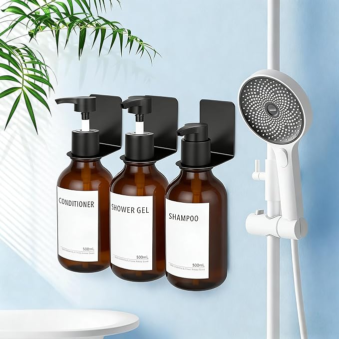 Adhesive Soap Bottle Dispenser Holder Wall Mount for Shower No Drilling Shampoo Conditioner Dispenser Hanger Shower Bottle Holder Set of 3 Soap Dispenser Holder Matte Black Rack Hook-Dia 2.7cm