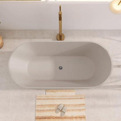 63" Premium Travertine Solid Surface Freestanding Bathtub, Unique Matte Textured Surface Stone Resin Soaking Tub with Pop-up Drain