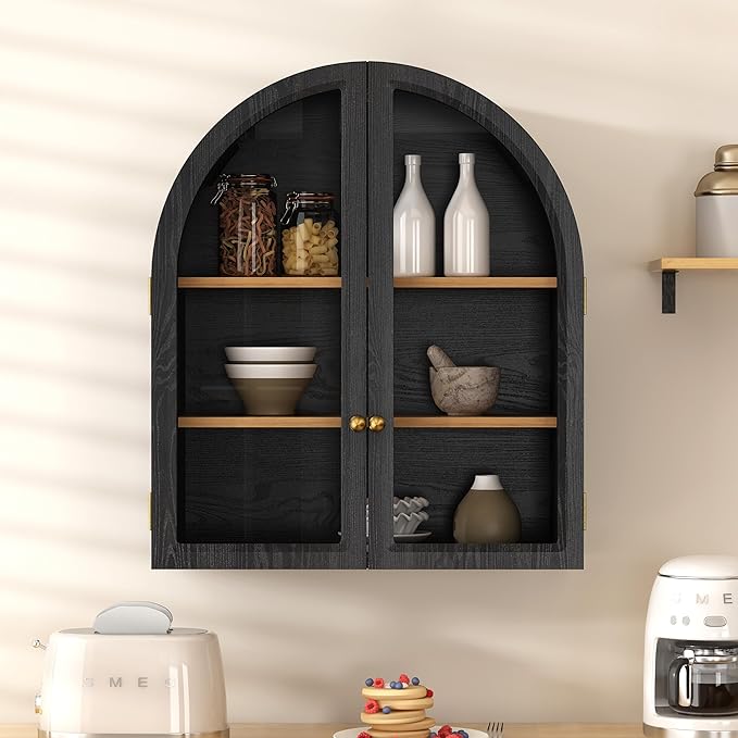 Small Arched Bathroom Wall Cabinet Modern Wooden Medicine Cabinet with Acrylic Doors Farmhouse Wall Mounted Cupboard Storage Organizer for Laundry Room, Dining Room, Black