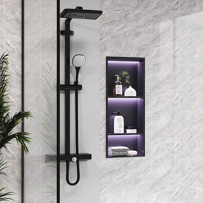 3-Tiers 12x30Inch Wall Niche with RGB LED Lights, Matte Black Recessed Shower Niche Cabinet, Stainless Steel Bathroom Shelf, NO Tile Needed Storage Organizer for Shower Wall