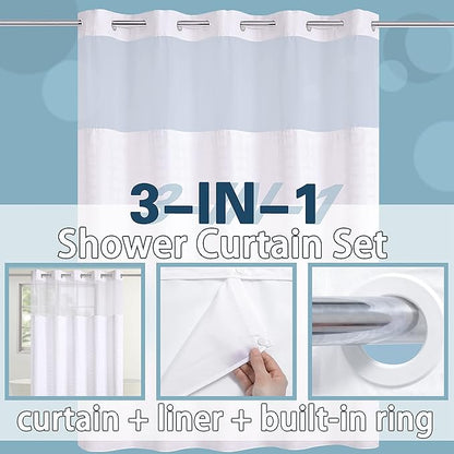 Conbo Mio No Hook Shower Curtain with Snap in Liner Set, Hotel Luxury White Fabric Shower Curtains for Bathroom with See Through Top Window, Washable, Waterproof 71W x 74H