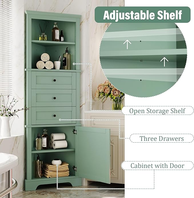 Favfurish 69" Tall Corner Cabinet with Door and 3 Drawers,Modern Bathroom Storage Cabinets w/Adjustable Shelves,Freestanding Organizer for Bathroom,Kitchen,Living Room,Dining Room,Green