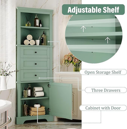 Favfurish 69" Tall Corner Cabinet with Door and 3 Drawers,Modern Bathroom Storage Cabinets w/Adjustable Shelves,Freestanding Organizer for Bathroom,Kitchen,Living Room,Dining Room,Green