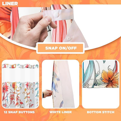Hookless Shower Curtain with Snap-in Liner Set, Floral, Vibrant Watercolor Fabric, See Through Sheer Window, Washable, 3 Magnet Weights, No Hook, Waterproof, Boho Farmhouse, Standard Size