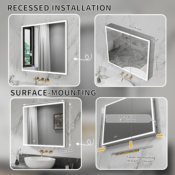 GroGro LED Lighted Bathroom Medicine Cabinet with Mirror,36" W x 30" H Medicine Cabinet with Lights,Surface or Recessed Mounting,Defog,Dimming,3-Color Temperature Adjustment