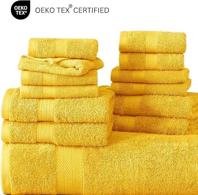 LANE LINEN 100% Cotton Bath Towels Set - 24 PCs - Durable, Quick Dry, Soft & Highly Absorbent - 4 Bath, 4 Fingertip, 6 Hand Towel, 8 Washcloths, 2 Bath Sheets - Remains Fluffy After Washing - Mimosa