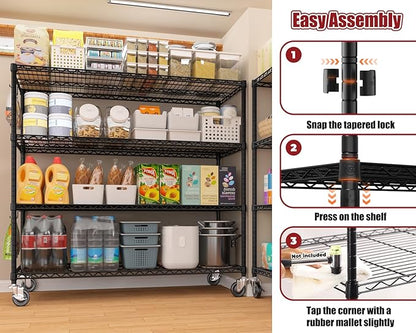PrimeZone 4 Packs 55.5" W x 24" D x 80" H Heavy Duty Wire Storage Shelves with Wheels, 4 Tier Adjustable NSF Certified Garage Shelving Unit, Rolling Metal Organizer Shelf Rack for Warehouse, Pantry