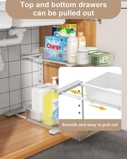 UMDONX Under Sink Organizer 2-Pack Adjustable Bathroom Under Sink Pull-Out Organizer with 5 Adjustable Heights for Kitchen, Bathroom & Laundry Storage