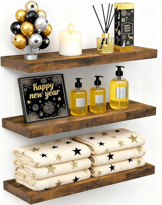 BAYKA Floating Shelves Bathroom for Wall – Shelf Over Toilet Farmhouse Rustic Wood for Bedroom, Kitchen, or Living Room Decor Organization Display Shelving – Rustic Brown, Set of 3