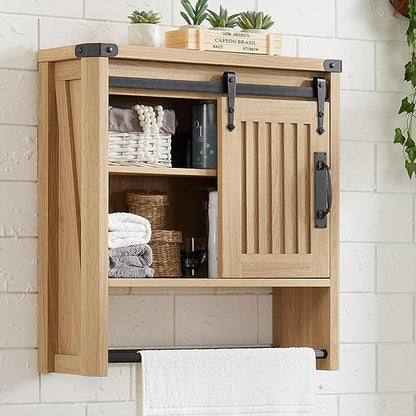 Bathroom Wall Cabinet, Farmhouse Medicine Cabinet with Sliding Barn Door & Adjustable Shelves, Wall Mounted Storage Cabinet for Toilet, Kitchen, Living Room (Natural Oak)