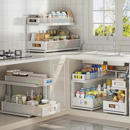 2 Pack 21.3IN-Depth Under Sink Organizer With Next-Gen Ball-Bearing Slides,2-Tier Pull Out Cabinet Storage,Height Adjustable Drawer Shelf for Bathroom,Kitchen,Laundry,Cabinet,Pantry-White