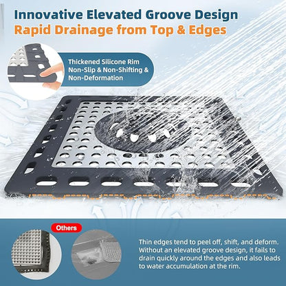 Hibbent Upgraded Shower Drain Hair Catcher, Shower Drain Cover for Bathroom Floor 4" Drain, Anti-Clogging Bathtub Drain Strainer, Stainless Steel Kitchen Sink Drain Strainer with Handle, Dark Grey