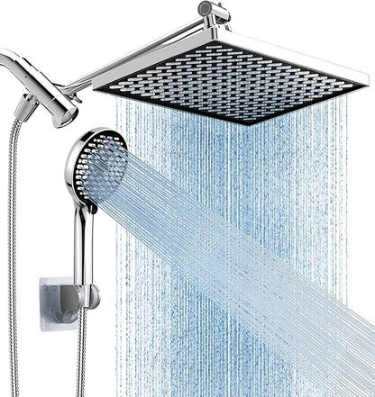 Cobbe 11.8 Inch Rain Shower Head with 6 Modes Handheld Water Spray，High Pressure Showerhead Combo with 11 Inch Adjustable Extension Arm, Chrome