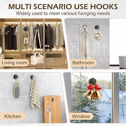 Shower Suction Cup Hooks, Heavy Duty Bathroom Wall Hooks for Towels, Robes, Loofahs, Removable Metal Hook for Tile Glass Mirror, No Drill(4 Pack, Black)