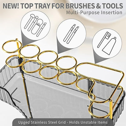 Upgraded 2-Tier Corner Bathroom Countertop Organizer – Spacious Storage for Makeup, Skincare & Perfumes, Built-in Brush Holder Fits Vanity/Dresser/Bsthtub (Slate Gray)