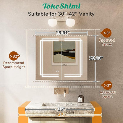 TokeShimi 30x26 Bathroom Mirror Medicine Cabinet with Light 3 Colors, Anti-Fog Tempered LED Mirror with Storage, Stepless Dimming CRI 80+, Memory Funtion, Wall Mirrored Cabinet for Bathroom Décor