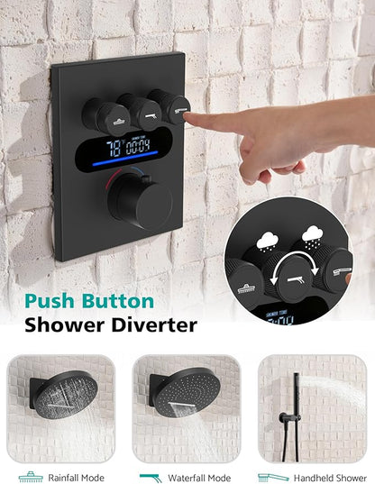 Lefton Shower System in Fahrenheit Display (Battery-free), 13” Overhead Round Rainfall Shower Head with All-in-one Handheld Spray Showerhead, 4-in-1 Control System, SSWM2501 (Matte Black)