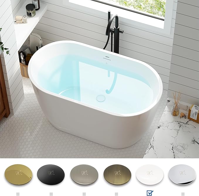 FerdY 47" Bali Acrylic Freestanding Bathtub with Headrest, Gracefully Shaped Freestanding Soaking Bathtub, cUPC Certified, Toe-Tap White Drain & Overflow & Bath Pillow Included