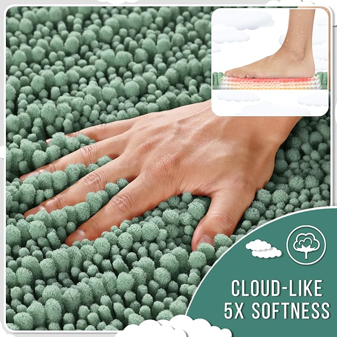 Yimobra Bathroom Rugs Sets 2 Piece - Quick Dry Extra Thick Luxury Chenille Bath Mat, Non Slip Super Absorbent for Tub Shower Sink, Machine Washable Shaggy Floor Mat, 24"x17+24"x20" Inch, Green