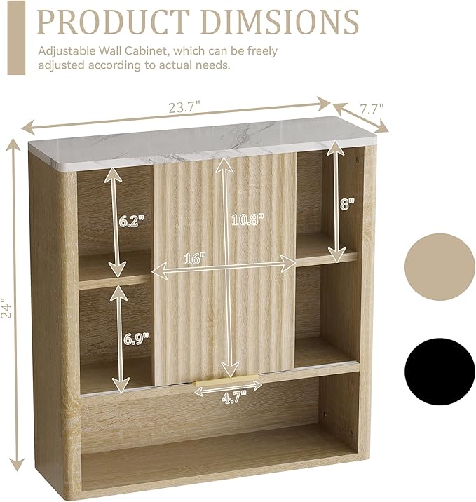 24” Bathroom Wall Cabinet, Modern Wood Medicine Cabinet with Adjustable Shelves, Above Toilet Storage Organizer for Kitchen, Living Room,Laundry Room,Oak