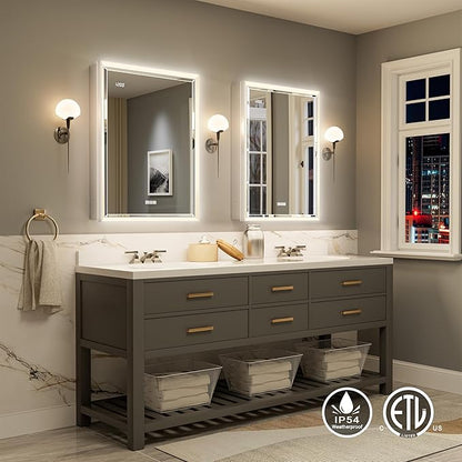 Beveled Lighted Medicine Cabinet with Mirror & Lights -20x32 Surface or Recessed Mirrored Medicine Cabinet with Outlet & Clock, Anti-Fog Dimmable LED Storage Cabinet, Built-in Sensor Light
