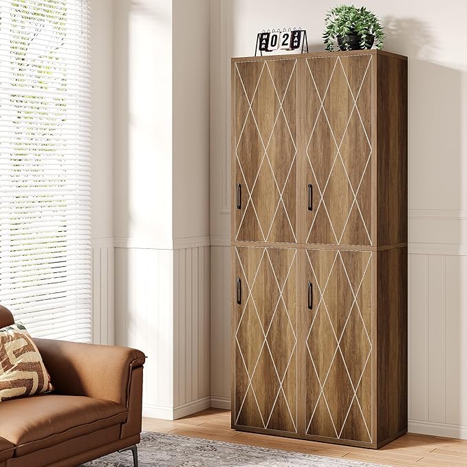 Tribesigns 75" Tall Narrow Storage Cabinet, Modern Farmhouse Pantry Cabinet with Doors and 6 Shelves, Skinny Freestanding Utility Cabinet for Kitchen, Bathroom, Laudry, Living Room, Brown
