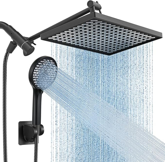 Cobbe 11.8 Inch Rain Shower Head with 6 Modes Handheld Water Spray，High Pressure Showerhead Combo with 11 Inch Adjustable Extension Arm, Black