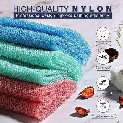 UJFQBH 3 Pieces African exfoliating net African Net Long Net Bath Sponge Exfoliating Shower Body Scrubber Back Scrubber Skin Smoother,Great for Daily Use (Pink, Blue, Green)