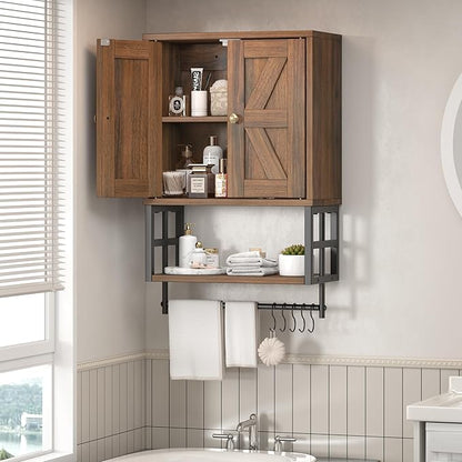 Farmhouse Medicine Cabinet - 3-Tier Wall Mounted Storage Organizer with Adjustable Shelves, Towel Bar, 5 Hooksfor Small Bathroom, Laundry Room, Over Toilet, Living Room, Bedroom (Walnut)