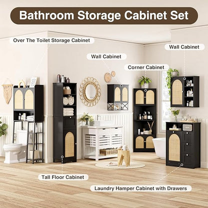 67''H Tall Corner Cabinet with Handmade Rattan Door, Rattan Storage Cabinet with Adjustable Shelves, Corner Bookshelf Space Saver for Barthroom, Kitchen, Living Room, Black