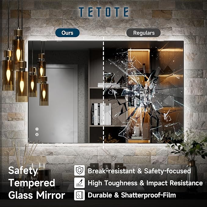 TETOTE 40 x 28 Inch LED Mirror Backlit Bathroom,Anti-Fog Mirror with Light,Dimmable,CRI90+,IP54 Water Proof,Wall Mounted Vanity Lighted,Horizontal/Vertical