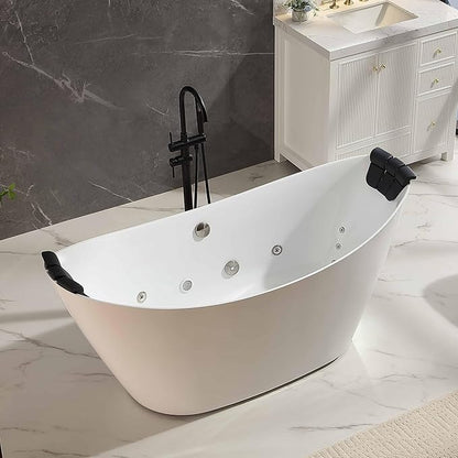 Empava Update Acrylic Whirlpool Bathtub, 67-Inch Freestanding Boat Shaped Jetted Bathtub with Healing Chromotherapy, 18 Hydromassage Jet, Double-Ended Massage Bathtub with Two Black Pillows