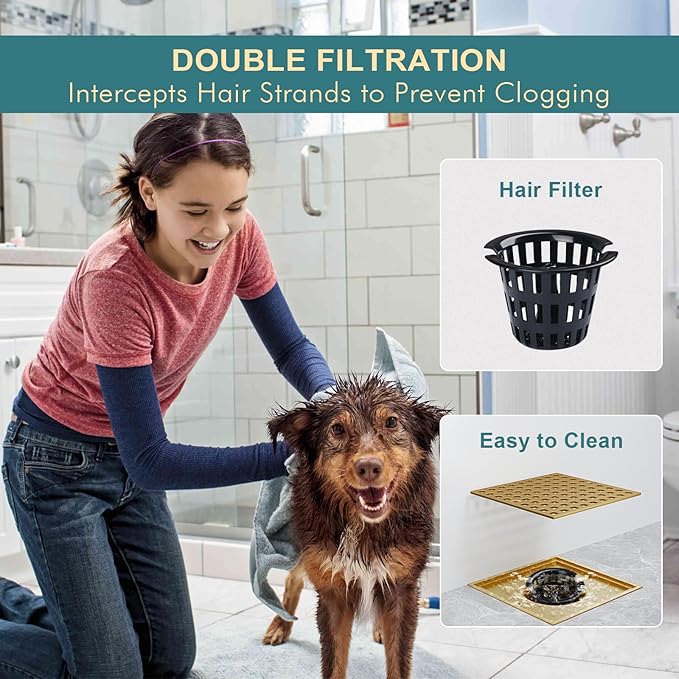 Champagne Bronze Shower Drain 4-1/4 Inch - Square Shower Floor Drain Kit with ABS Flange for 2" or 3" Pipe, Drain with Hair Strainer,Removable Strainer Cover,SUS304 Stainless Steel & CUPC Certified