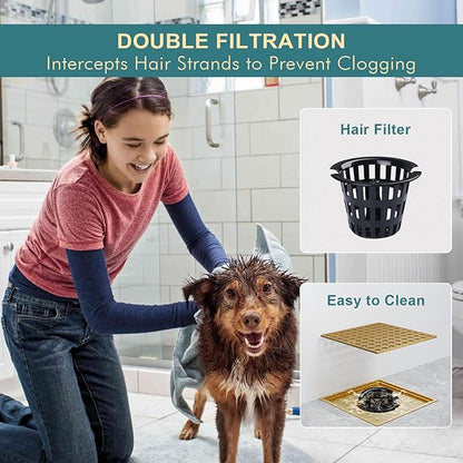 Champagne Bronze Shower Drain 4-1/4 Inch - Square Shower Floor Drain Kit with ABS Flange for 2" or 3" Pipe, Drain with Hair Strainer,Removable Strainer Cover,SUS304 Stainless Steel & CUPC Certified