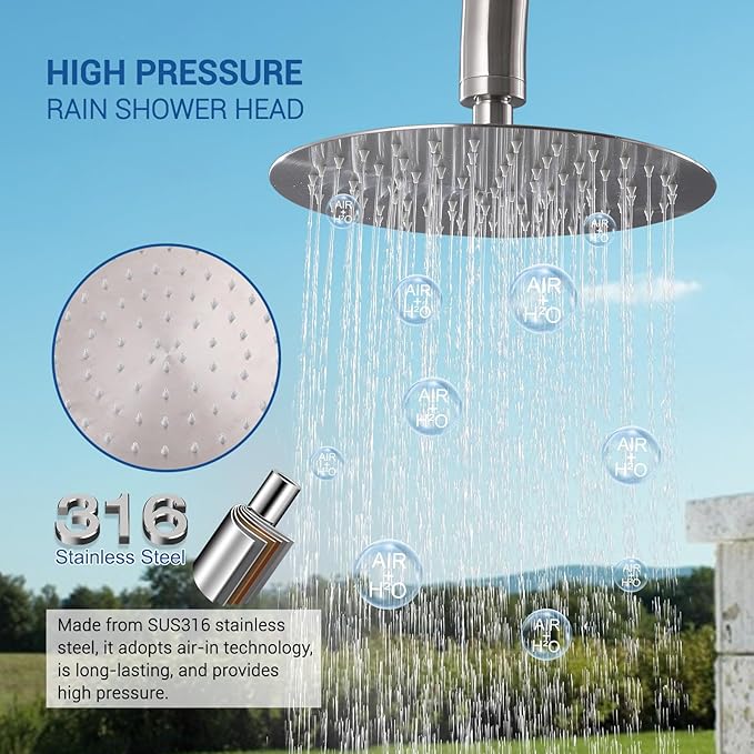 Freestanding Outdoor Shower Kit, 316 Marine Grade Stainless Steel Outside Shower System for Backyard, Pool, Beach, Outdoor Shower Fixtures with Rain Shower Head & Handheld, Brushed Nickel