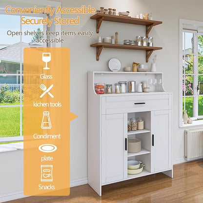 Storage Cabinet with Doors and Drawers, Kitchen Storage Cabinet with 1 Large Drawer,2 Doors,and 2 Adjustable Shelves,for Bathroom/Kitchen/Living Room/Entrance Hall (White)