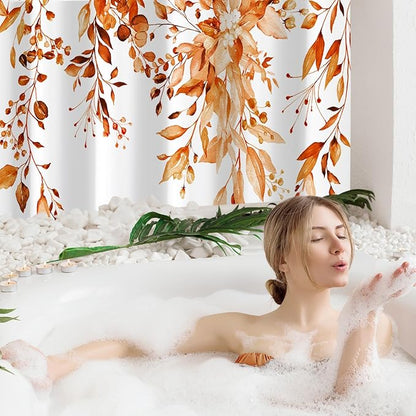 Gibelle Orange Eucalyptus Shower Curtain, Fall Watercolor Plant Leaves with Floral Bathroom Shower Curtain Set, 72x72