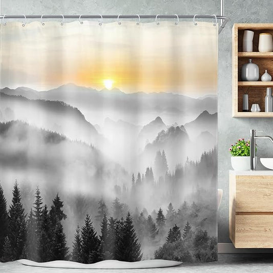 Riyidecor Misty Mountain Shower Curtain 72Wx72H Inch Black Sunrise Foggy Woodland Greenery Smokey Scenery Tree Nature Pine Scenic Rustic Bathroom Decor Fabric Polyester Waterproof 12 Pack Hooks