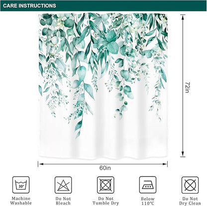 Riyidecor Teal Eucalyptus Leaves Shower Curtain for Bathroom Decor 60Wx72H Botanical Plants Spring Flower Herbs Botany Floral Art Printed Fabric Polyester Waterproof 12 Pack Plastic