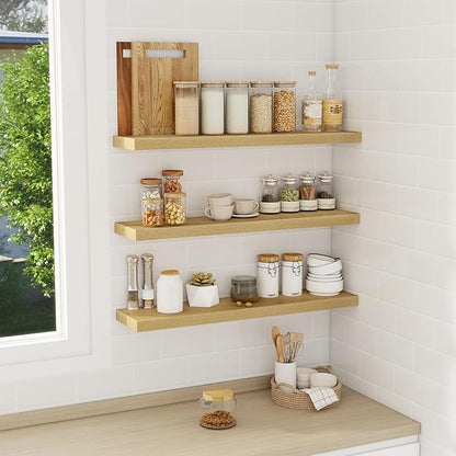 Fun Memories 32 Inch Floating Shelves Wall Shelf Set of 3, Rustic Farmhouse Home Decor Kitchen Living Room Shelves Wall Mounted, 32 x 6.7 x 1.4 Inch, Oak Color