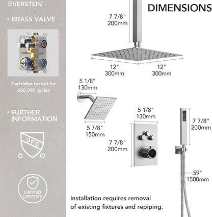 Ceiling Mount 12" High-Pressure Rainfall Shower Faucet, Dual Rainfall Shower Head System with Valve (Brushed Nickel)