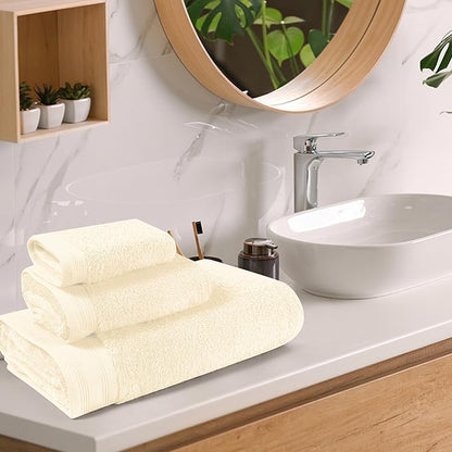 Ultra Soft 3 Pack Cotton Towel Set, Contains a Bath Towels 28x55 inch, a Hand Towels 16x24 inch & a Wash Coths 12x12 inch, Ideal Everyday use, Compact & Lightweight - Ivory